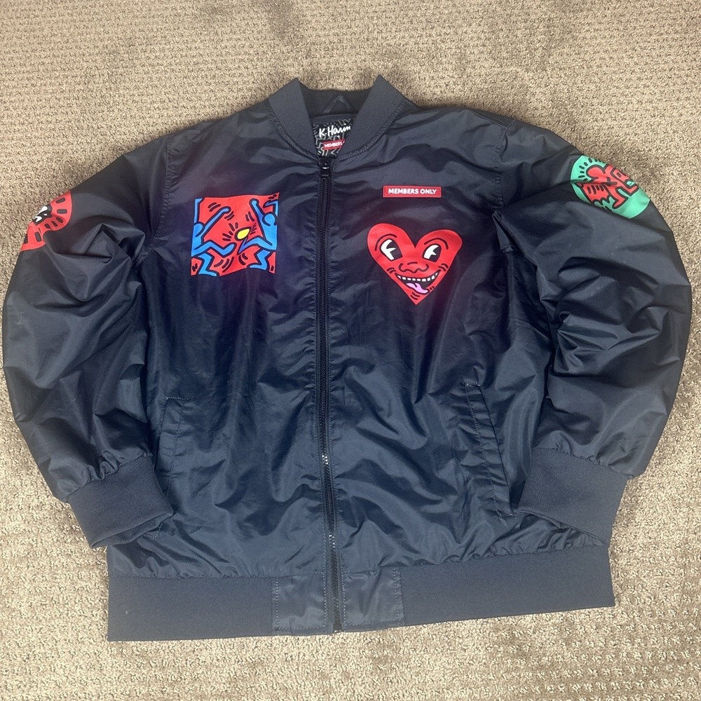 KEITH HARING X Members Only BOMBER STYLE ARTSY GRAPHIC ZIP FRONT JACKET SZ Large